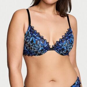 Victoria’s Secret Very Sexy Blue Glitter Ziggy Glam Floral Embroidery Demi Bra
